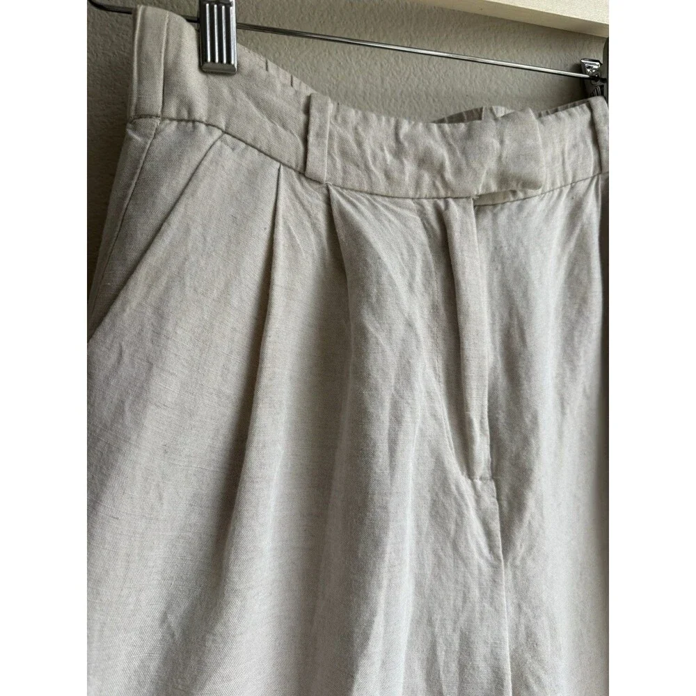 H&M Womens Size 2 Beige Linen High Rise Pleated Straight Leg Trouser Pants